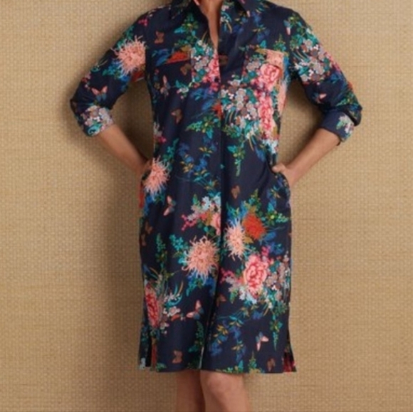 Soft Surroundings Floral Shirt Dress Size XS Petite 100% Cotton Butterfly Preppy - Picture 1 of 8